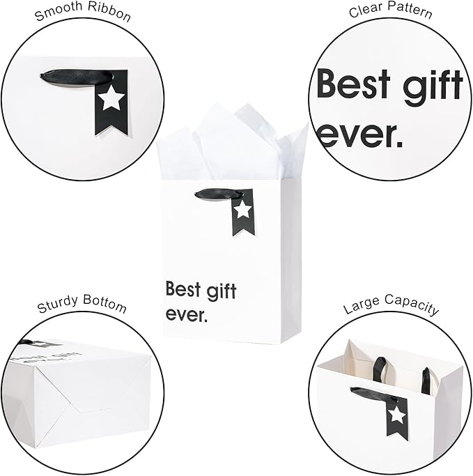 Loveinside Christmas Medium Size Gift Bags Set, Funny Quirky Design with Bold Black Text Pattern with Tissue Paper Perfect for Shopping, Parties, Birthday, Holiday, 4 Pack, 7" X 4" X 9"