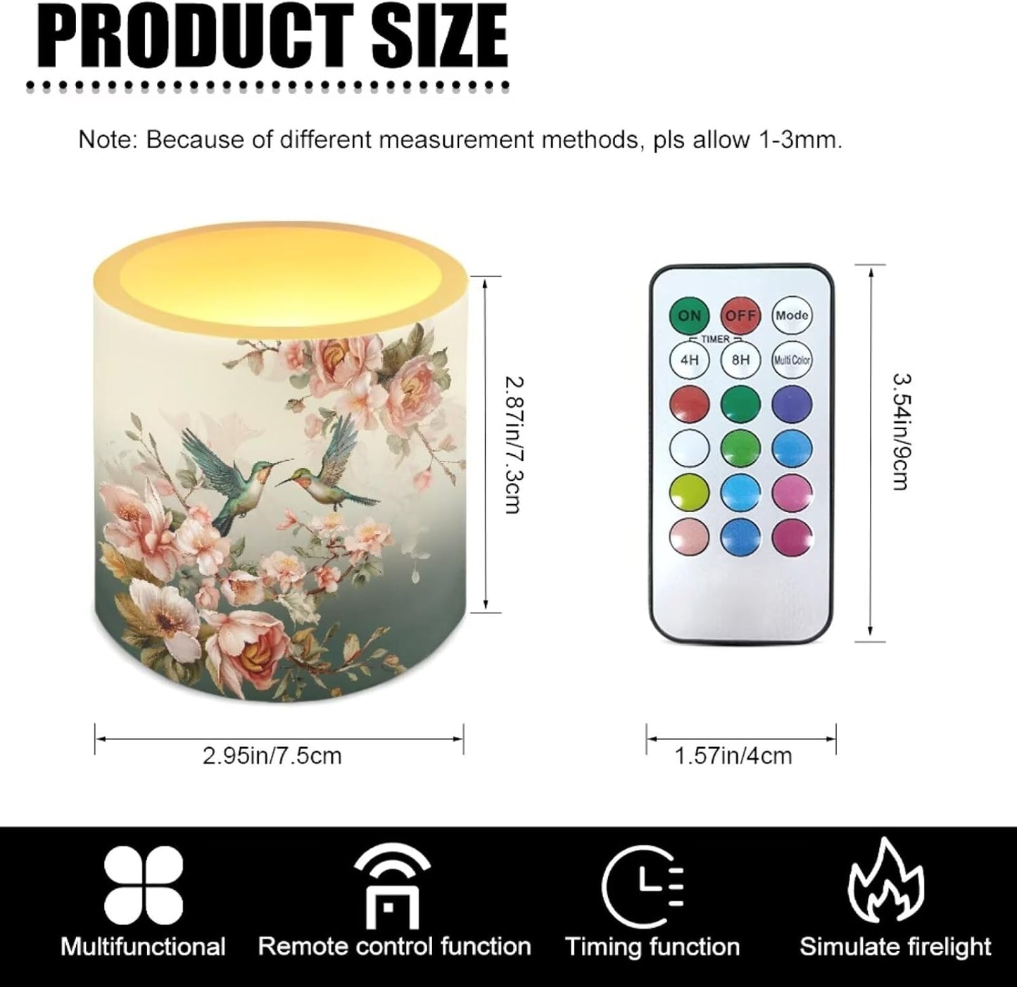 Poceacles Flameless LED Candles Set of 4 Battery Operated Candles with Remote and Timer, Realistic Flickering Tealights for Indoor Outdoor Decor, Hummingbird Floral Pattern