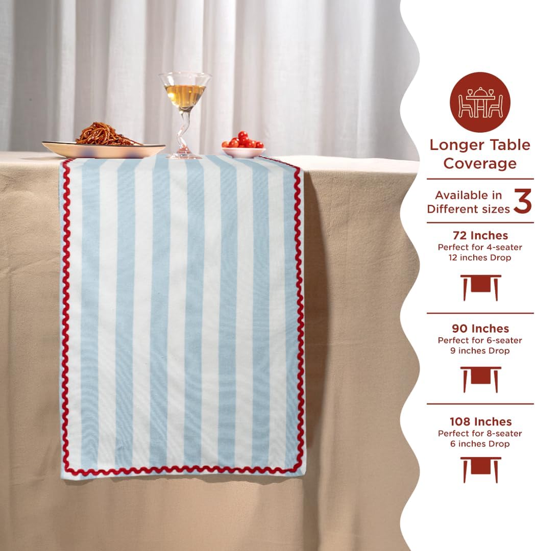 Folkulture Table Runner|Rick Rack Embroidered Party Table Runner for Home Decor-108 Inches Long|100% Cotton Thanksgiving Decor|Christmas Decor for Table|Sky Blue & Red|Wash Friendly