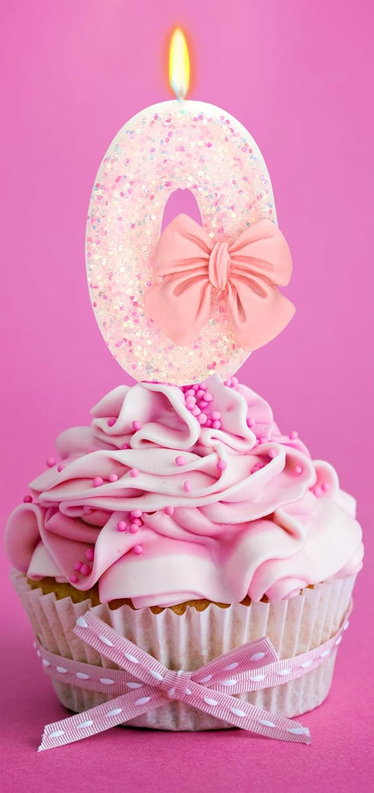 Birthday Candle for Cake, 0 Candle - Pink Glitter with Bowknot, 2.76 inch Happy Birthday Candle, Cake Topper Decoration for 10 20 30 40 50 60 70 Years Old Birthday Party (Number 0)