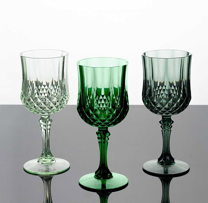 Efavormart 12 Pack Assorted Green Crystal Cut Reusable Plastic Wine Glasses, Shatterproof Cocktail Goblets 8oz