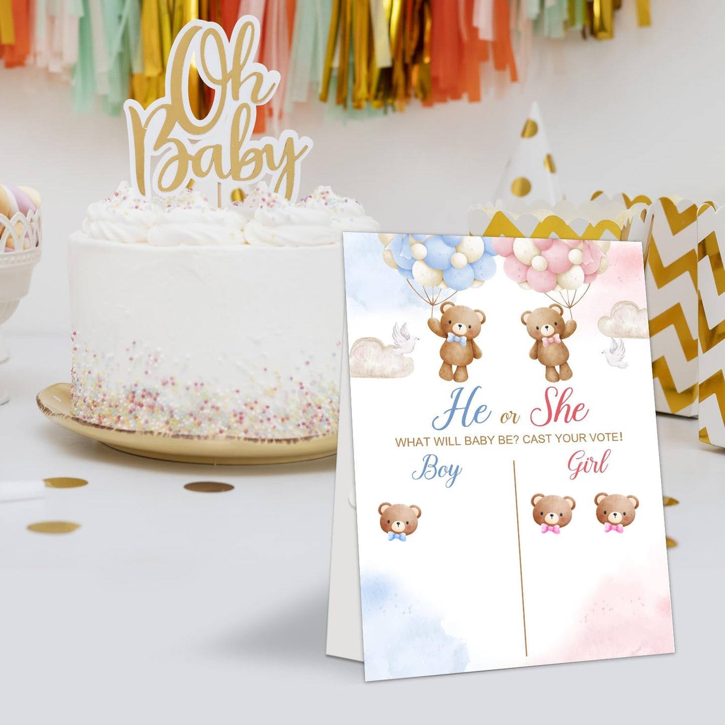 Gender Reveal Party Games, Bear Theme Baby Gender Reveal Voting Board Sign, 48 Stickers, "He or She, WHAT WILL BABY SMITH BE?" - Baby Gender Reveal Party Decorations Games for Boy or Girl Shower .