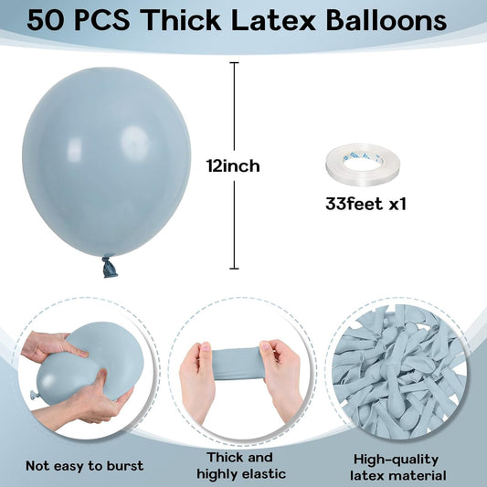 Blue Balloons 12 Inch, 50 Pcs Pale Aqua Blue Balloon Muted Dusty Blue Latex Balloons Matte Retro Powder Light Blue Helium Balloons for Birthday Boho Baby Shower Bachelorette Party Decorations