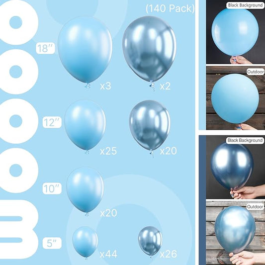 PartyWoo Light Blue Balloons, 140 pcs Light Blue and Metallic Blue Balloons Different Sizes Pack of 18 Inch 12 Inch 10 Inch 5 Inch for Balloon Garland Arch as Birthday Decorations, Party Decorations