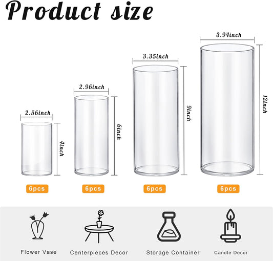 24 Pack Thick Glass Cylinder Vases 4,6,9,12 Inch Tall Clear Flower Vase Hurricane Floating Candle Holder for Table Centerpiece Wedding Home Decor
