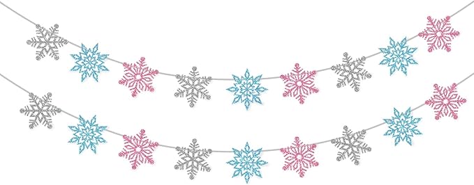 2 Pcs Silver Glitter Snowflake Banner, Snowflake Winter Party Decorations, Snowflake Garland Christmas Party Decorations (Pink)