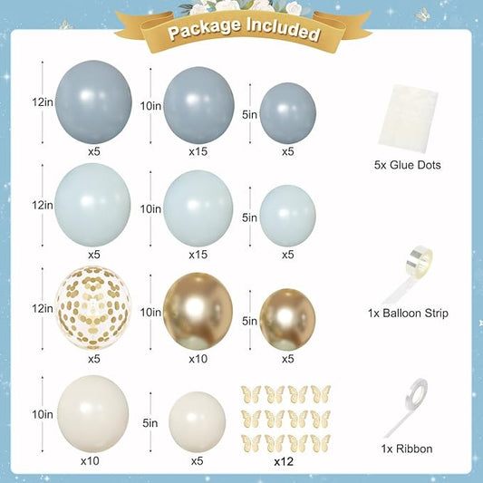 Blue Birthday Decorations, Dusty Light blue Sand White Gold Confetti Foil Balloons Happy Birthday Banner Gold Butterfly Fringe Curtains, Dusty Blue Birthday Decorations for Girls Women