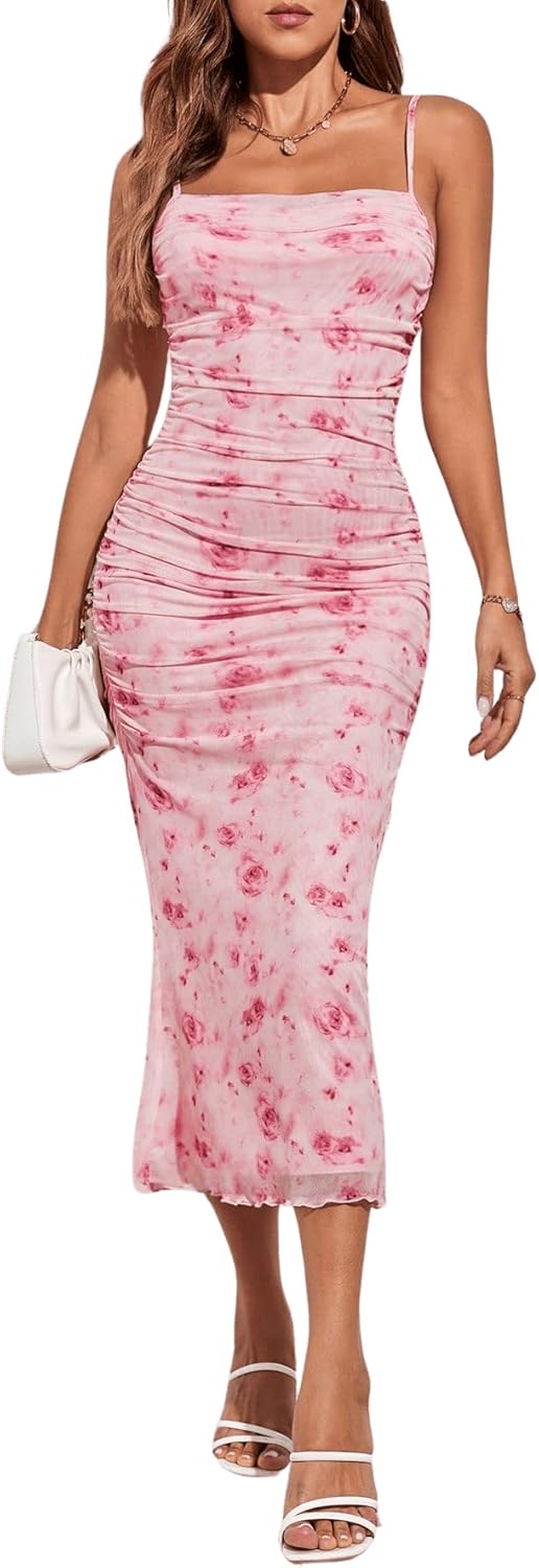 GORGLITTER Women's Floral Ruched Bodycon Midi Dress Mesh Sleeveless Fishtail Cami Dresses
