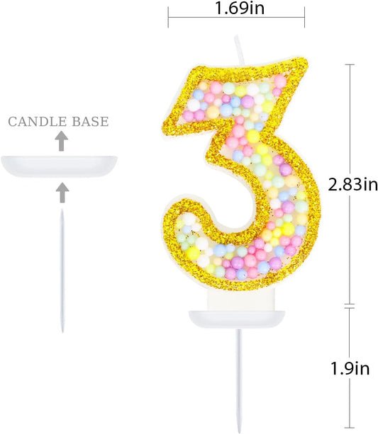 3rd Birthday Candle for Cake, Colorful Macaron Numeral Candles for Girls/Boys, Birthday Party Cake Decorations, Golden Cake Topper for Birthday Party Supplies (Number 3)