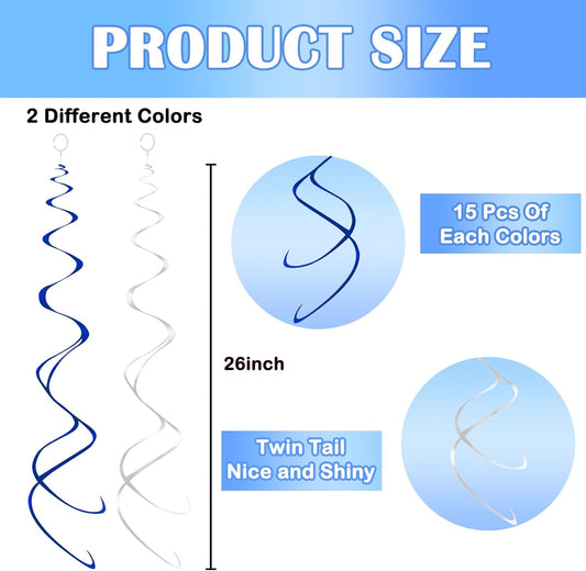 Hanging Swirl Decorations Blue and Silver Swirl Decoration 30pc Party Streamers for Ceiling 24"