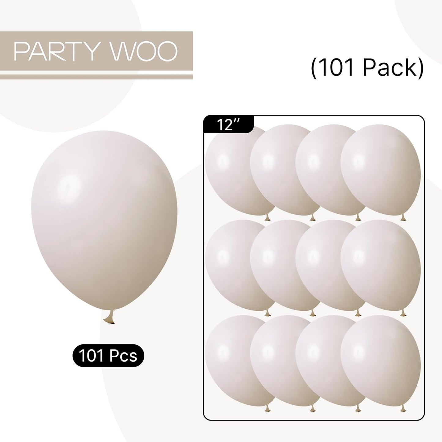 PartyWoo White Sand Balloons, 101 pcs 12 Inch Boho White Balloons, Sand White Balloon for Balloon Garland Balloon Arch as Party Decorations, Birthday Decorations, Baby Shower Decorations, White-F12