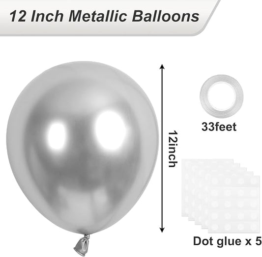 RUBFAC 120pcs Balloons for Birthday Baby Shower Graduation Anniversary Wedding Party Supplies Garland Arch Decoration,12 Inches,Silver Chrome Metallic