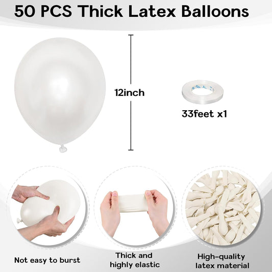Pearl White Balloons 12 Inch, 50Pcs Pearl Balloon Bright Royal Clear Latex for Arch Helium Birthday Wedding Baby Shower Anniversary Party Decorations