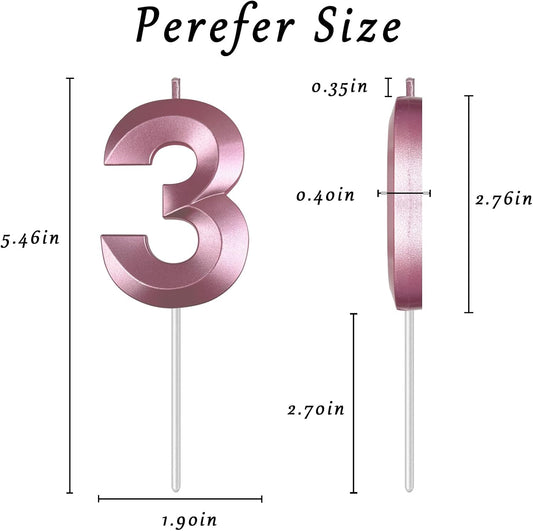Pink Number 3 Candles, 3D Diamond 2.76 Inch Cake Topper Birthday Candles for Wedding Anniversary Cake Decorations, Happy Birthday Party Decorations