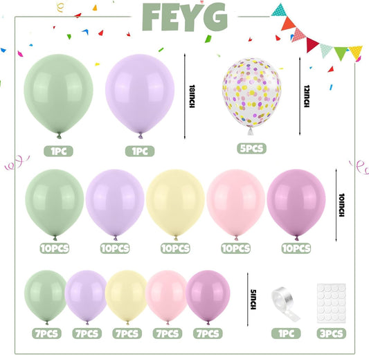 Dusty Green Purple Pink Balloon Garland, Lavender Mist Green Pastel Pink Yellow Balloon Arch Wildflower Balloons with Pastel Confetti for Baby Shower Birthday Wedding Flower Party Decoration