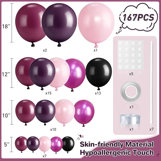 Dark Purple Black Pink Balloon Garland Arch Kit, 167Pcs Latex Balloons Wisteria Lavender Pastel Pink Pearlescent Plum for Birthday Bridal Shower New Years Party Decorations