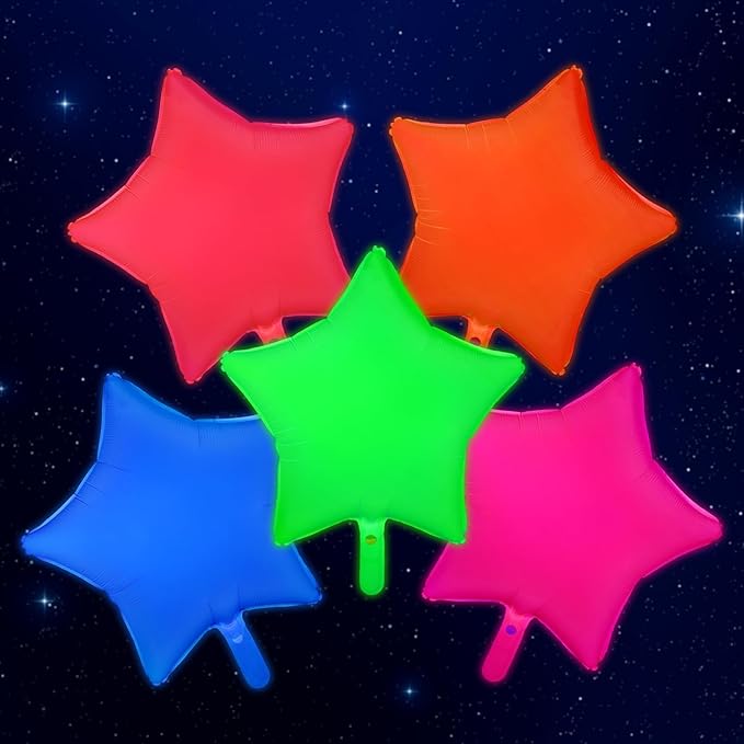 Mega-L Glow in the Dark Party Supplies, 5 Pcs Neon Star Balloons Set – Fluorescent Red, Lemon Yellow, Fuchsia, Blue and Orange Balloons Perfect for Birthday, Wedding, Anniversary, Graduation Party