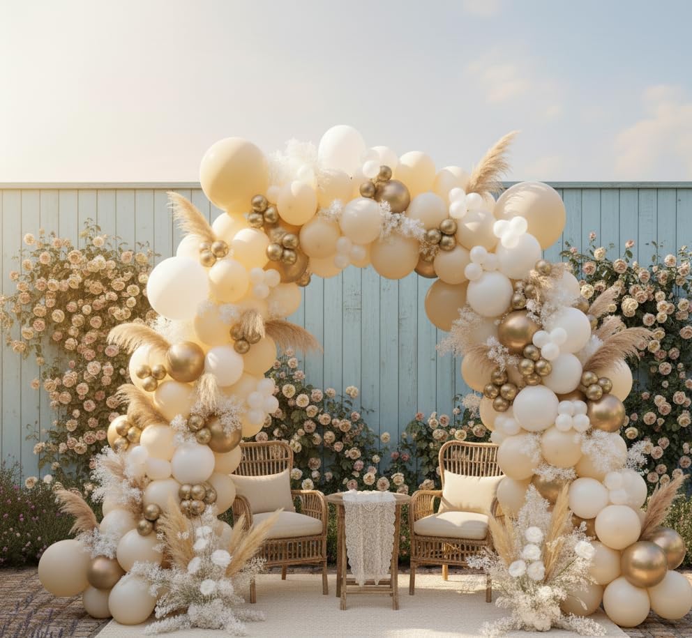 Sand White Gold Balloon Arch Kit, 140Pcs Beige Nude White Balloon with Metallic Gold Balloon Garland Kit for Boho Birthday Wedding Baby Shower Bridal Shower Engagement Prom Party Decorations