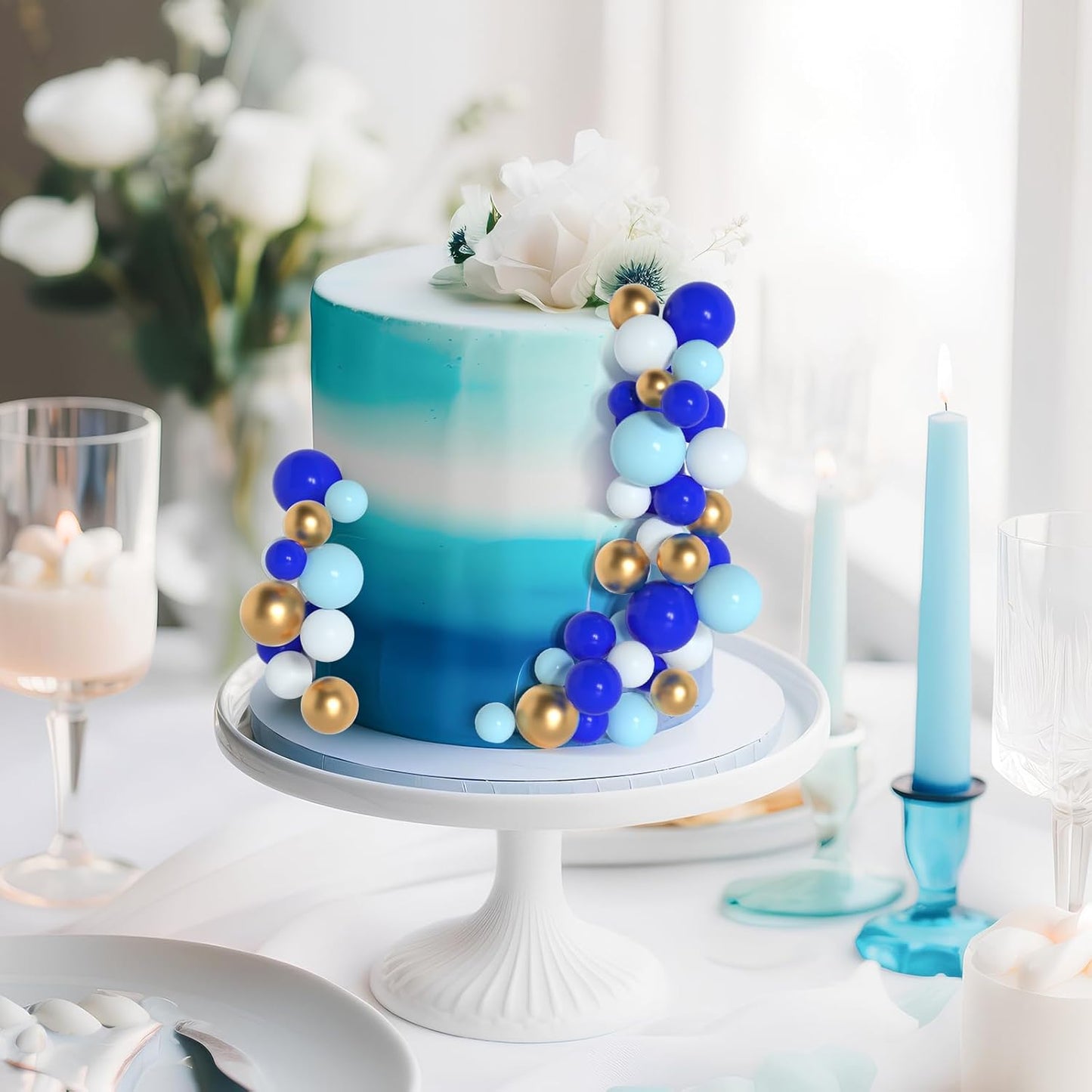138 Pcs Cake Topper Decorations - Balloon Cupcake Toppers, Foam Balls for Birthday Party, Wedding Anniversary Cake Decor (Assorted Blue, White, Gold)