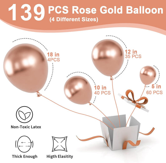 Labeol Rose Gold Balloons Different Sizes 139PCS 18/12/10/5 Inch Rose Gold Balloon Garland Arch Kit Quality Latex Balloons Decorations for Party Birthday Graduation Wedding