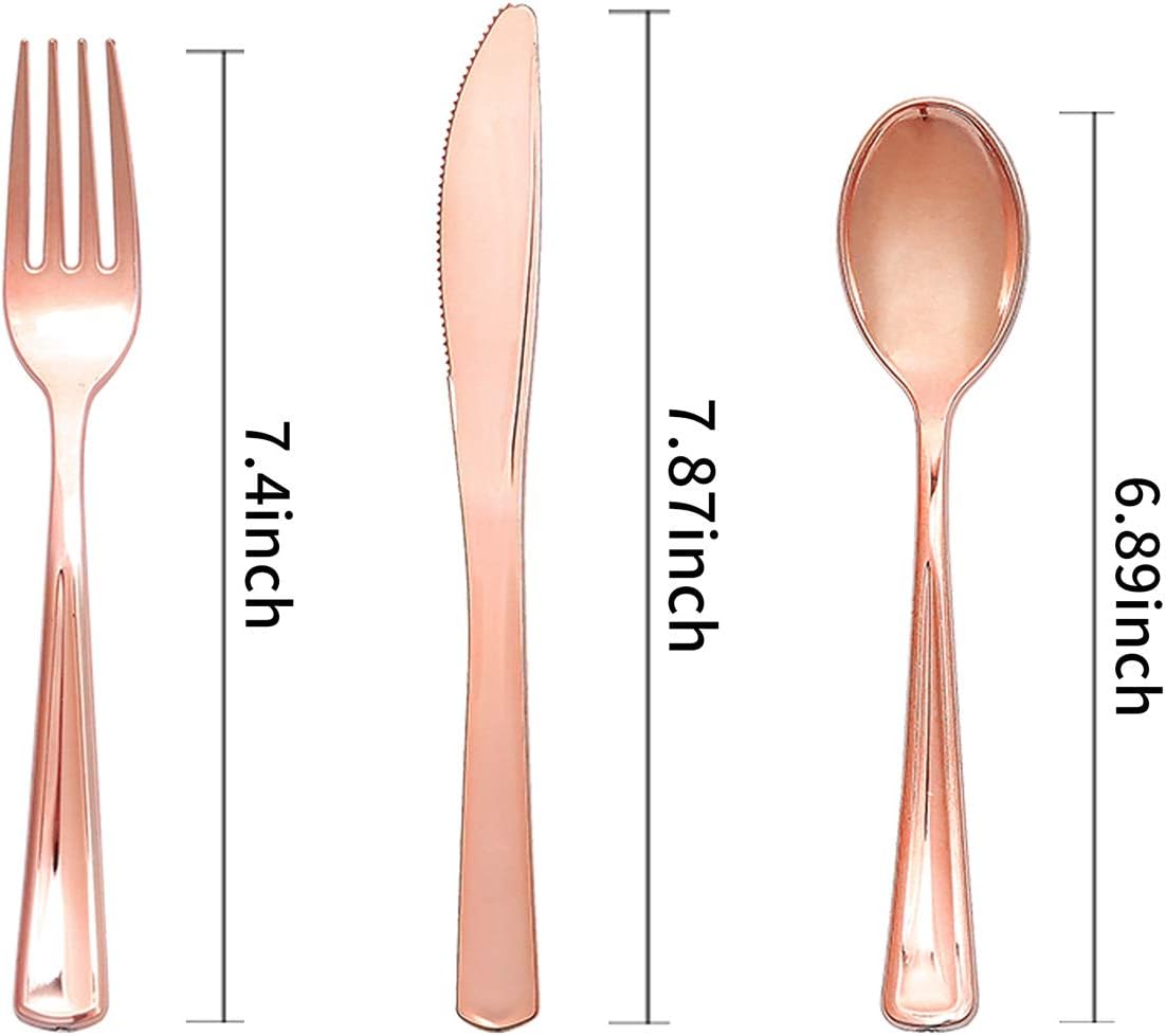 WELLIFE 350 PCS Rose Gold Plastic Plates, Disposable Rose Gold Plates, Includes: 50 Dinner Plate, 50 Dessert Plate, 50 Forks, 50 Knives, 50 Spoons, 50 Cups, 50 Dot Napkins for Weddings and Party
