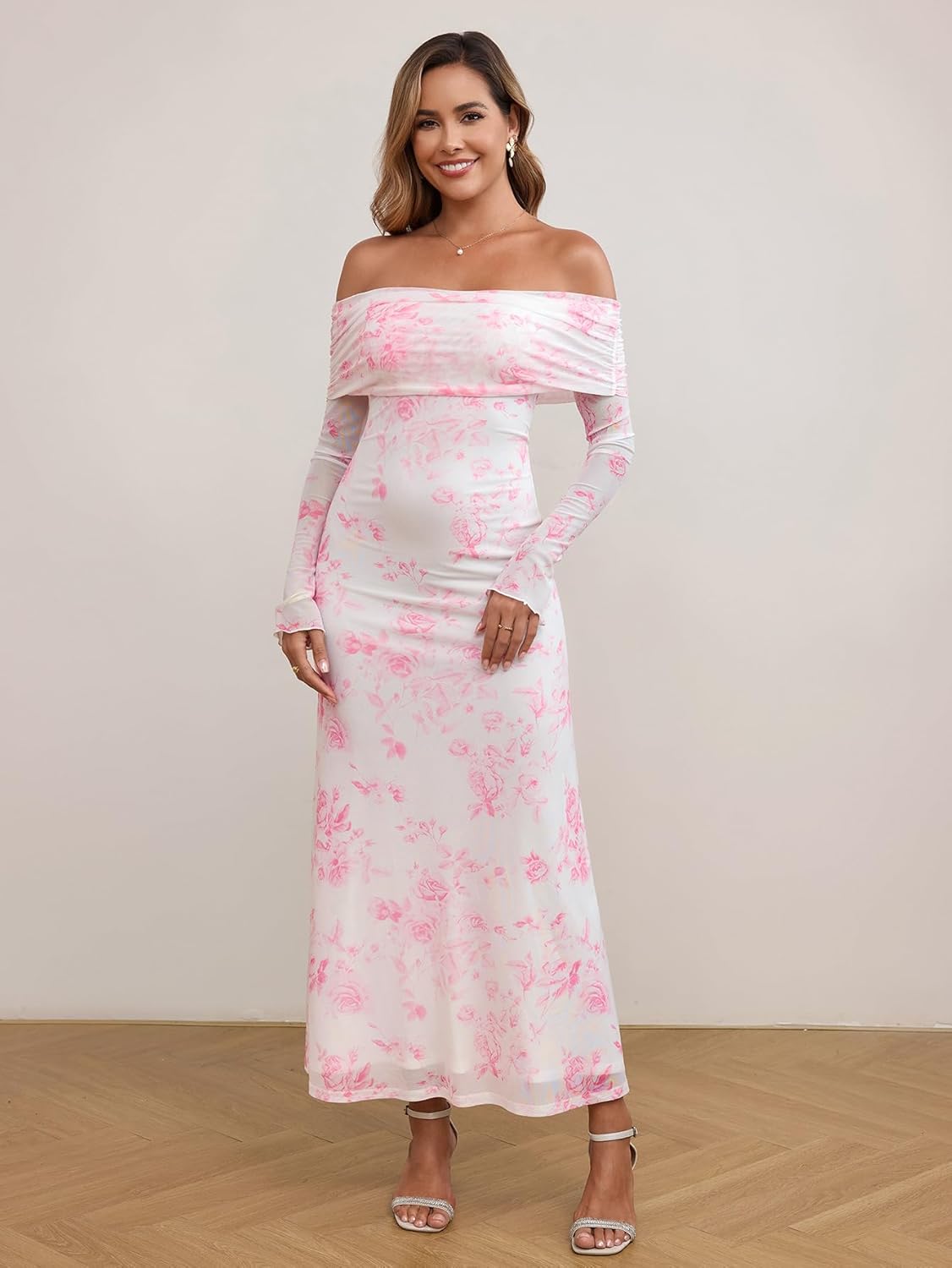 KUTUMAI Women Off Shoulder Bodycon Maxi Dress Long Sleeve Mesh Ruched Party Formal Wedding Guest Dresses