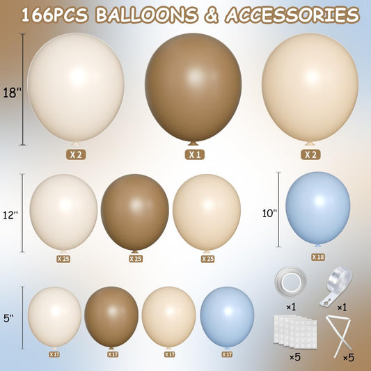 Dusty Blue Brown White Balloon Arch Kit, 166Pcs Boho Dark Brown Pastel Blue Sand White and Nude Balloons Garland for Baby Shower Gender Reveal Birthday Party Decoration