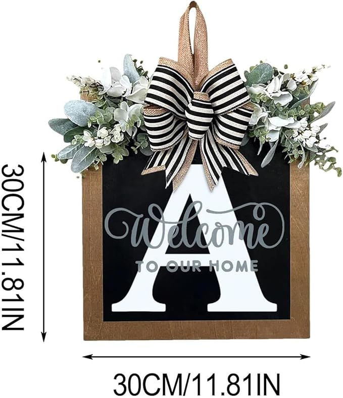 Last Name Year Round Front Door Wreath Front Porch Decoration 26 Letter Welcome Sign with Eucalyptus Garland and Bow Spring Wreaths for Front Door Outside Hanger Garland(A)