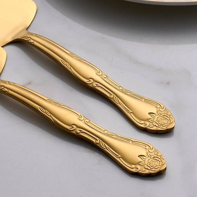 Deeny Jarte 3-Piece Matte Gold Cake Server Set - 9.3-Inch Stainless Steel Cake Server Spatula with Decorative Rose Handle – Rust-Resistant, Dishwasher Safe, for Weddings, Birthdays