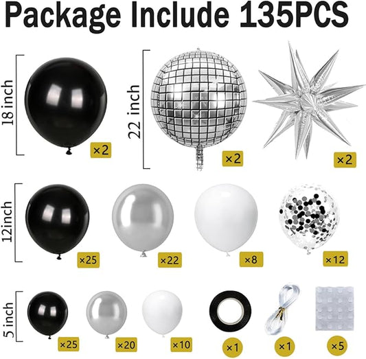 KARLURE Black Silver Balloons Arch Kit, Black Silver White Balloons Disco Ball Balloons Arch for Disco Party Decorations Birthday 2026 Graduation Decorations Anniversary Decorations