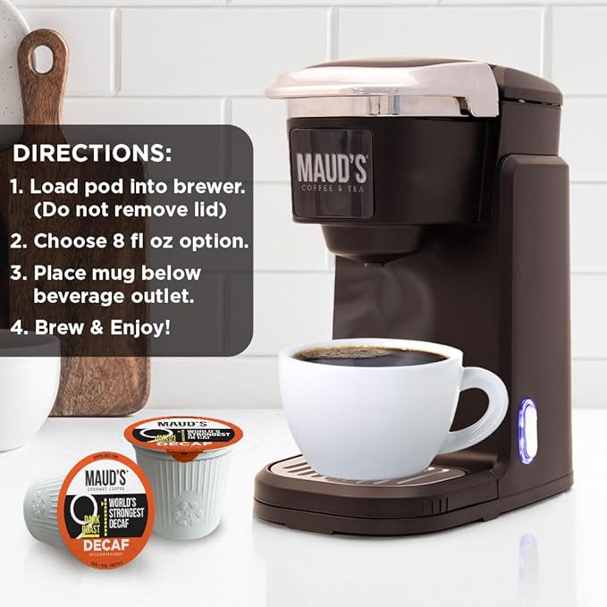 Maud's World's Strongest Decaf Coffee Pods, 100 ct, Decaffeinated Dark Roast Coffee in Recyclable Single Serve Pods – 100% Arabica Coffee, Compatible with Keurig K Cups Maker