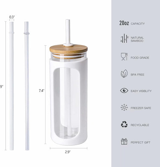 Kodrine 20oz Glass Tumbler with Straw and Lid, Bamboo Lids Water Bottle, Reusable Iced Coffee Cups, Wide Mouth Smoothie Cup with Protective Silicone Sleeve BPA FREE-White+Amber-2pack