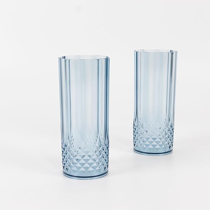 Efavormart 6-Pack Plastic Highball Glasses, 14oz Shatterproof Crystal Cut Drink Glasses for Kitchen Mojito Whiskey Cocktail, Dusty Blue