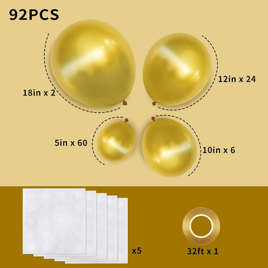RUBFAC 92pcs Metallic Gold Balloons Chrome Gold Balloon Different Sizes 18 12 10 5 Inch Gold Latex Balloons for Happy New Year Decorations 2024 Birthday Party Graduation