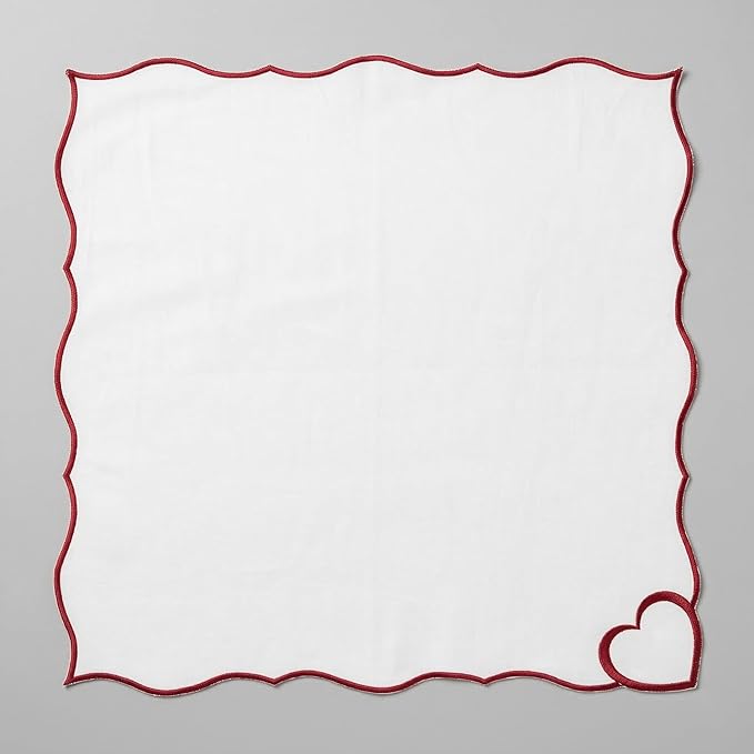 FINGERCRAFT Cloth Napkins, Everyday Use Scallop Heart Embroidery Design, Premium Quality Natural Cotton Napkin Set of 6 Perfect for Parties Dinners Weddings Easter Napkin Cloth 20x20 inch White/Red