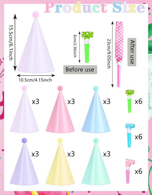 36 pcs Rainbow Party Hats-18 Pastel Rainbow Birthday Party Cone Hats and 18 Colorful Noise Makers for Birthday, Bridal Shower Wedding Party Supplies