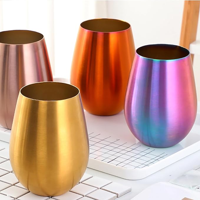 Buyer Star 304 Stainless Steel Wine Glasses Set of 4 - Large 17 oz Outdoor Stemless Wine Tumblers - 100% Unbreakable & Stemless Metal Drinking Cups for Home and Outdoors Dishwasher safe (Rainbow)