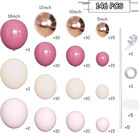 Retro Rose Baby Pink Champagne White Sand Balloons Garland Arch Kit, 146Pcs Latex Balloons Different Sizes 18 12 10 5 Inch for Party Decorations, Wedding Backdrop, Birthday, Graduation