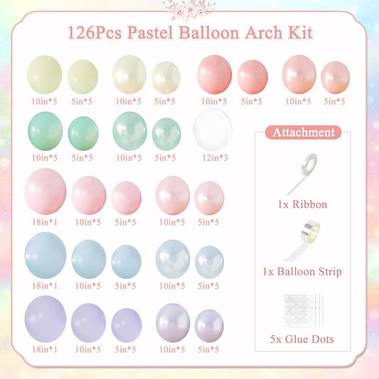 Pastel Rainbow Balloon Garland Arch Kit 126Pcs Double Stuffed Pearl Pink Blue Yellow Peach Purple Turquoise Clear Balloons for Birthday Party Baby Shower Gender Reveal Easter Spring Day Decorations