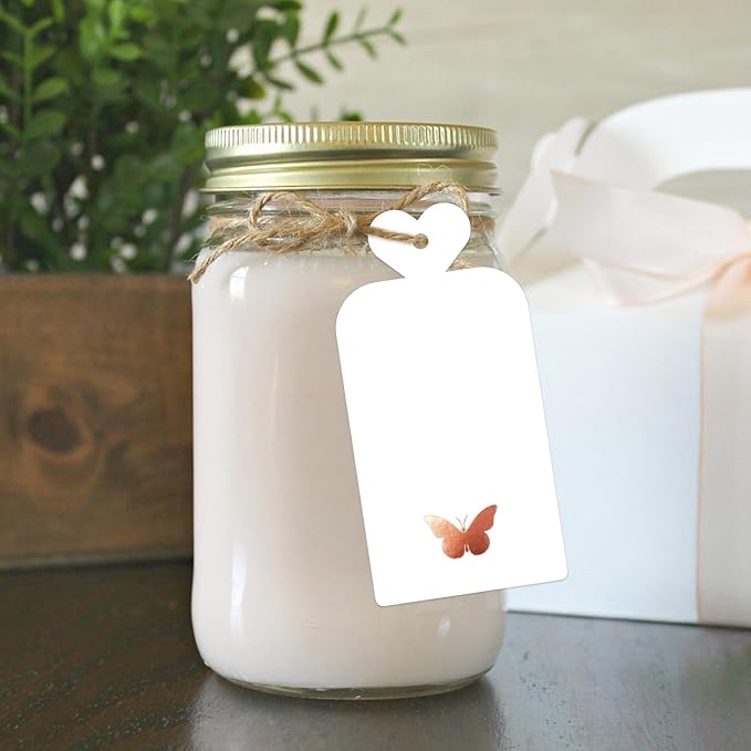 joycraft 100Pcs Gift Tags with String, 4x2 in Blank Tags with Rose Gold Foil Butterfly, White Paper Labels for Birthday, Wedding, Baby Shower, Valentine’ s Day, Christmas