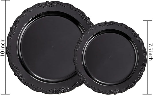 U-QE 100PCS Black Plastic Plates - Heavy Duty Halloween Disposable Plates Including 50PCS 10'' Dinner & 50PCS 7.5'' Dessert Plates - Hard Plastic Plate for Halloween & Party & Wedding
