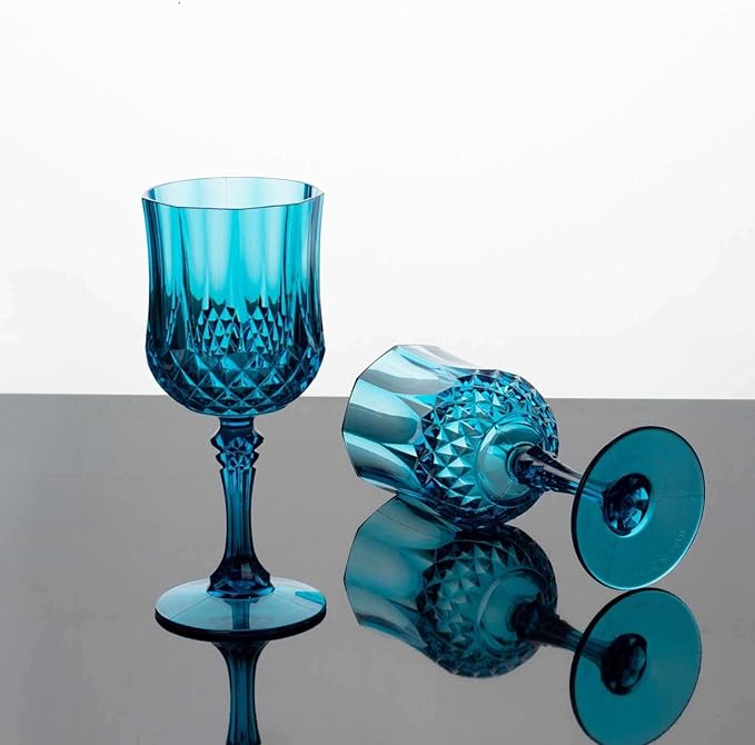 Efavormart 6 Pack Ocean Blue Crystal Cut Reusable Plastic Wine Glasses, Shatterproof Cocktail Goblets 8oz