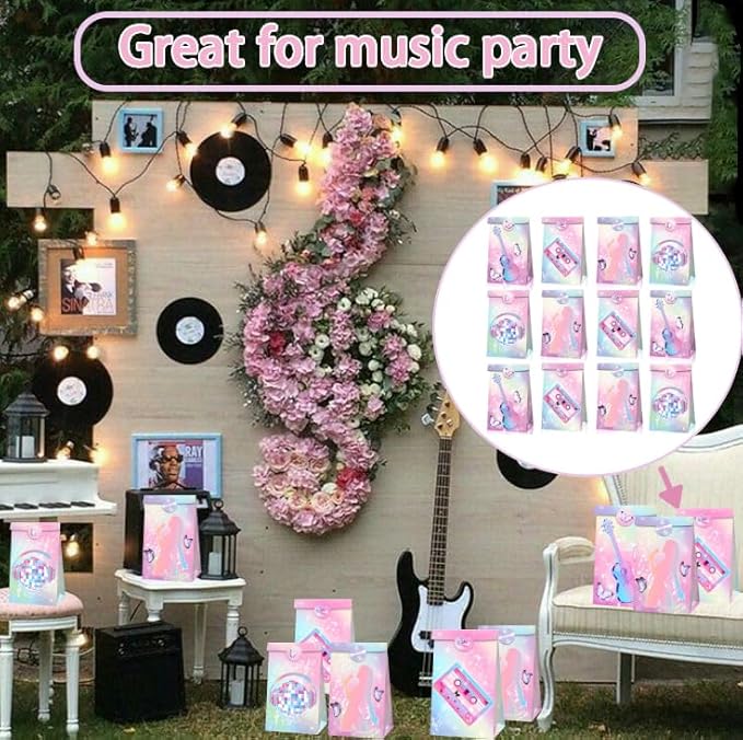 Inshinern Popular Singer Party Favors Bag Pink-Purple Decorations Pop Music Goodie Treat Bags 2 Styles Paper Gift Bag for Musical Theme Birthday Party,Graduations,Weddings,Bridal Baby Shower (12 Pcs)