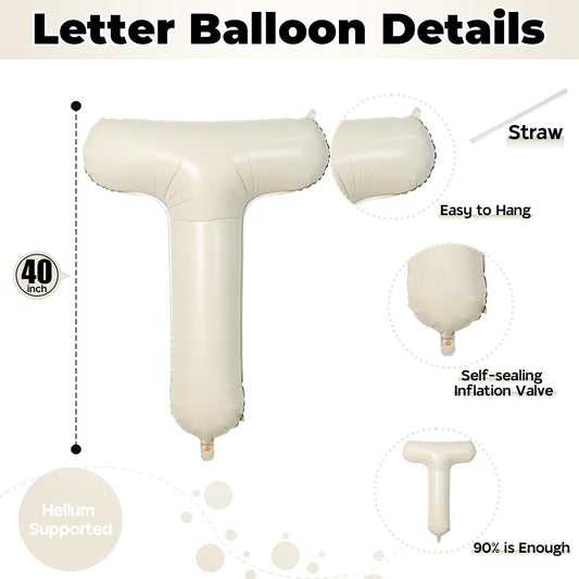 40 Inch Beige Letter Balloon, Cream White Sand Alphabet With Ribbon for 2 Year Old Birthday, Second Anniversary Party Decorations - Neutral Ivory for Kids, Boys, Girls