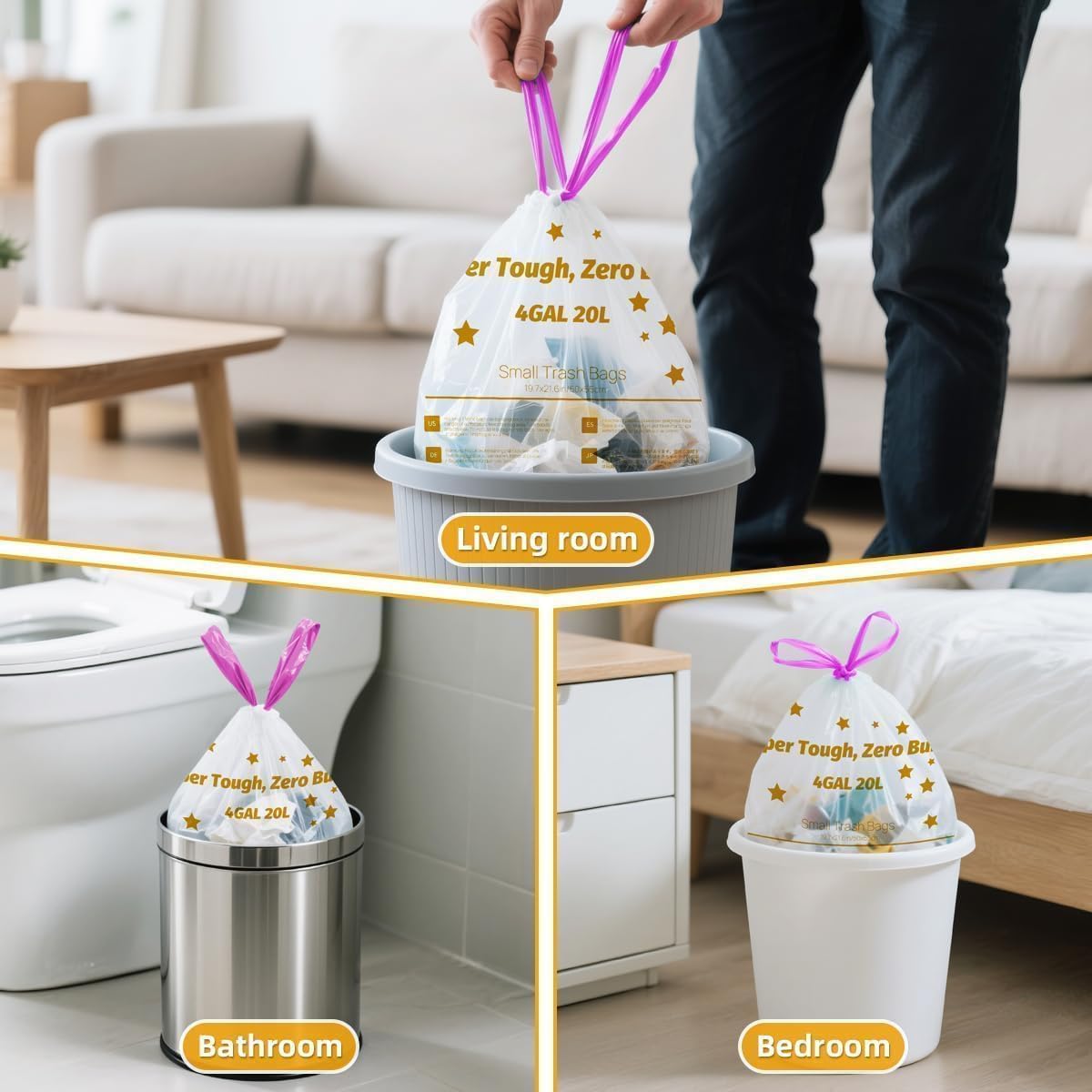 OKKEAI 4 Gallon Small Bathroom Trash Bags, White Drawstring Garbage Bags 60 Count – Heavy Duty Leak-Proof Tear-Free Wastebasket Liners with Safety Warning for Bathroom, Kitchen, Bedroom, Office