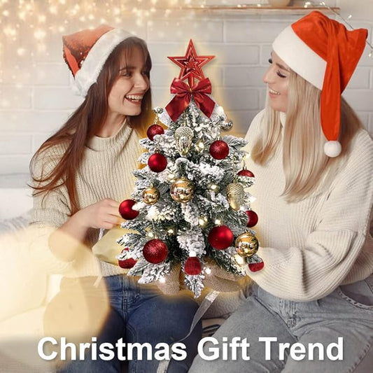 Small Christmas Tree with Light for Table Top, Mini Tabletop Christmas Tree with Decoration, 2FT Pre-lit Artificial Flocked Christmas Tree for Home, Office, Desk, Red