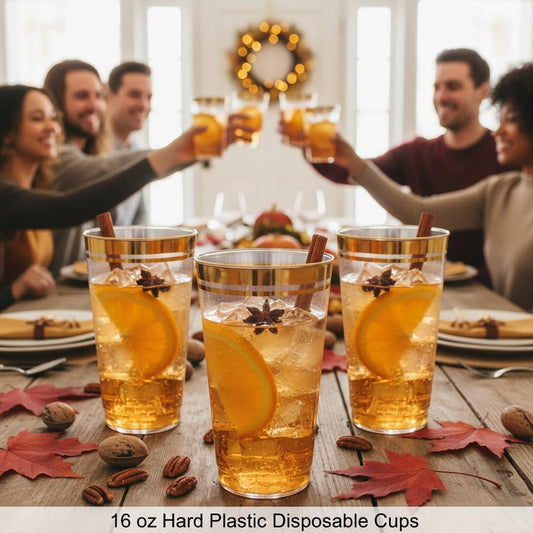 Perfect Settings Gold Rimmed Disposable Plastic Cups, Clear Hard Plastic Drinking Glasses for Cold Beverages & Cocktails, BPA-FREE, Disposable Wedding Cups, 16 oz. (Pack of 100)