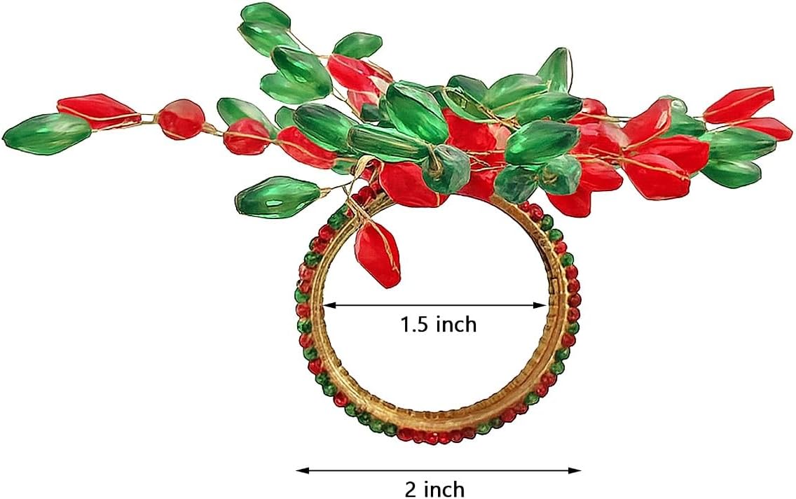 Handcrafted Beaded Napkin Rings Set of 12 – Red & Green Crystal Flower Design, Elegant Table Décor for Christmas, Weddings & Dinner Parties