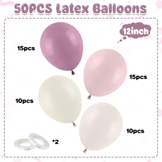 Pink and Purple Balloons, 50PCS 12Inch Dusty Purple Lavender Pastel Macaron Pink Sand White Balloon Boho Balloon for Girls Birthday Baby Shower Wedding Boho Bridal Shower Decorations