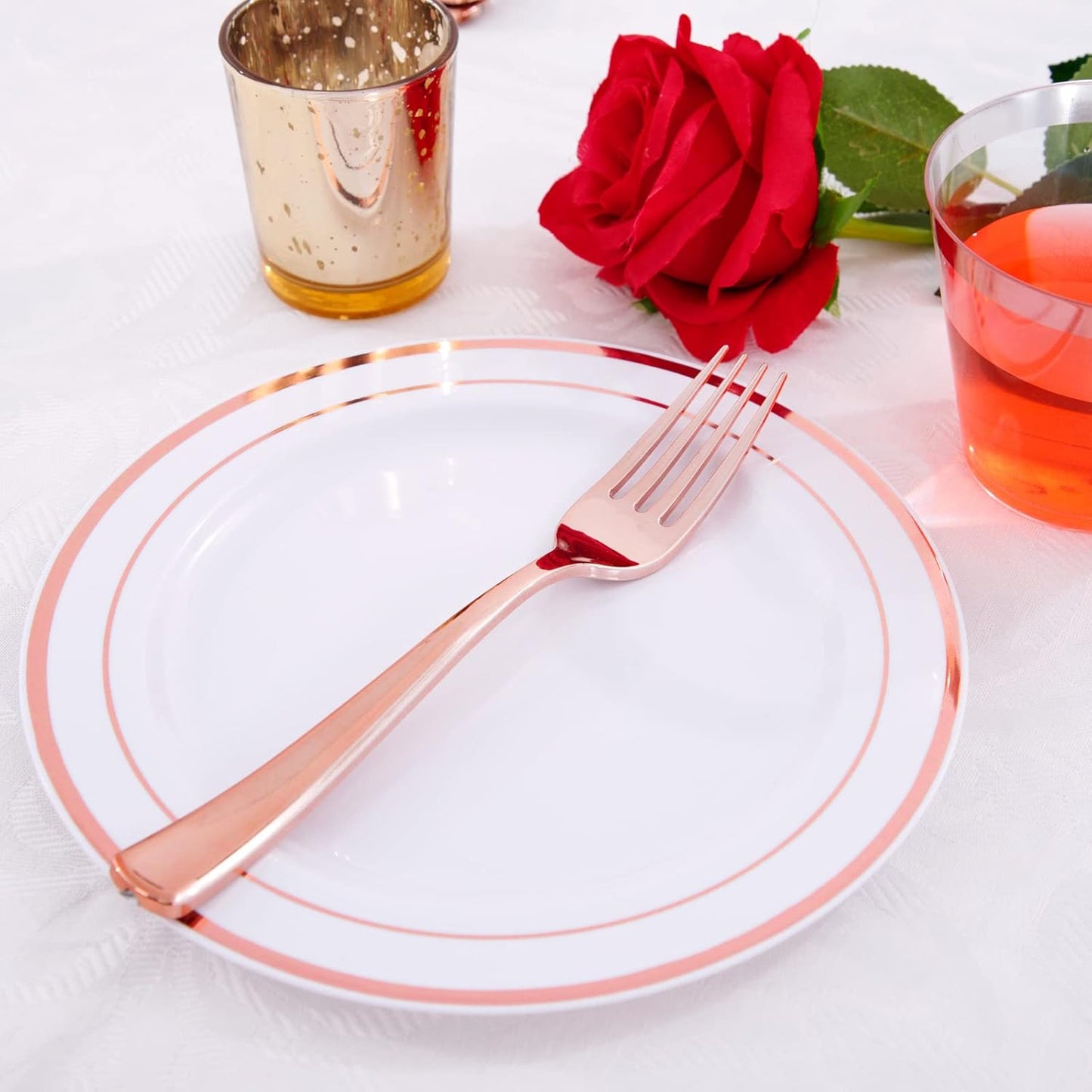 WDF 300 Pieces Rose Gold Plastic Silverware- Disposable Flatware Set - Heavy Duty Plastic Cutlery Includes 100 Forks, 100 Spoons, 100 Knives Perfect for Wedding, Party